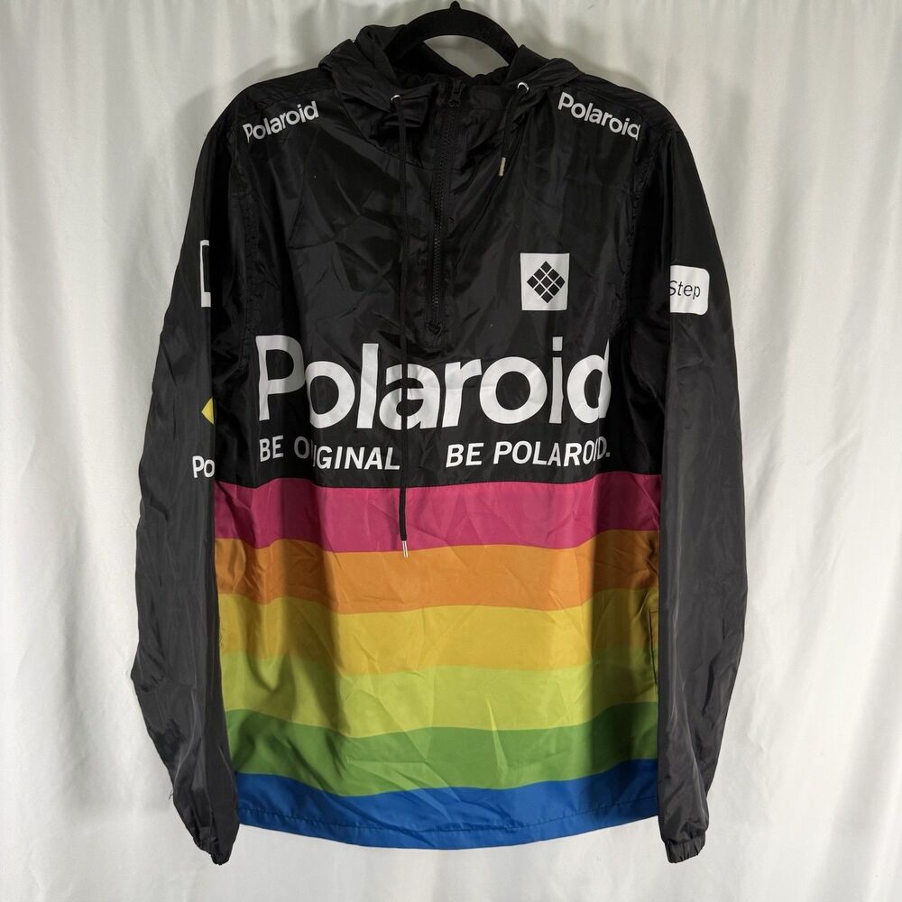 Polaroid Windbreaker Men's Medium Black 1/4 Zip Drawstring Lightweight